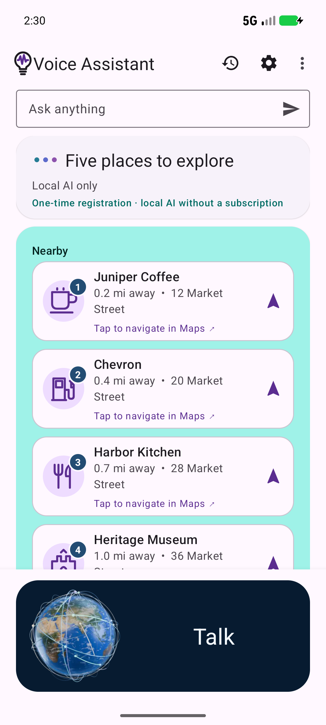 Nearby place results with category icons and navigation actions