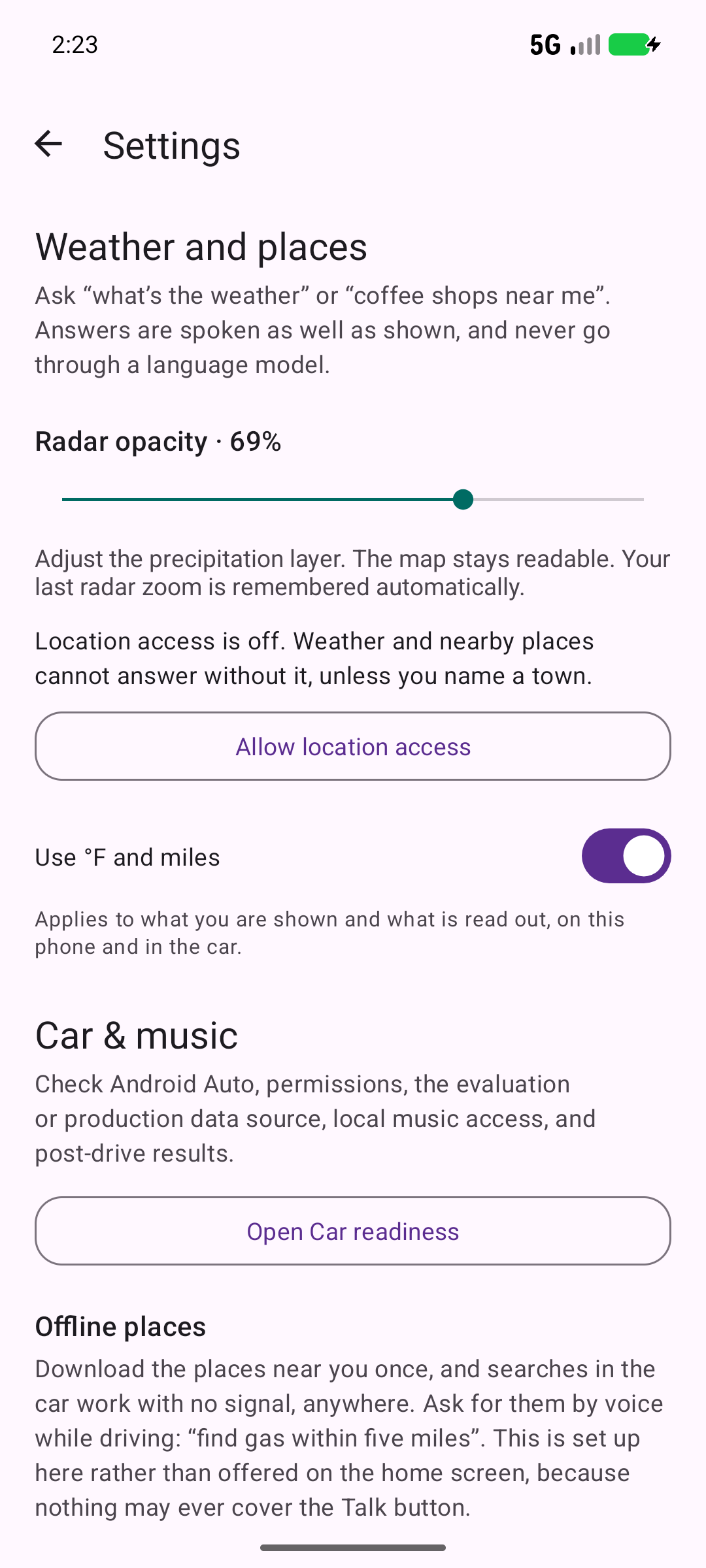 Phone radar opacity and car readiness settings