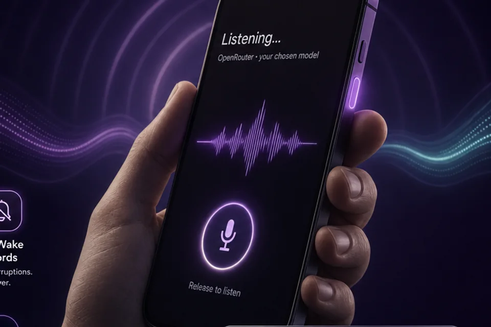 A hand holding the Ingenious Voice Assistant listening screen