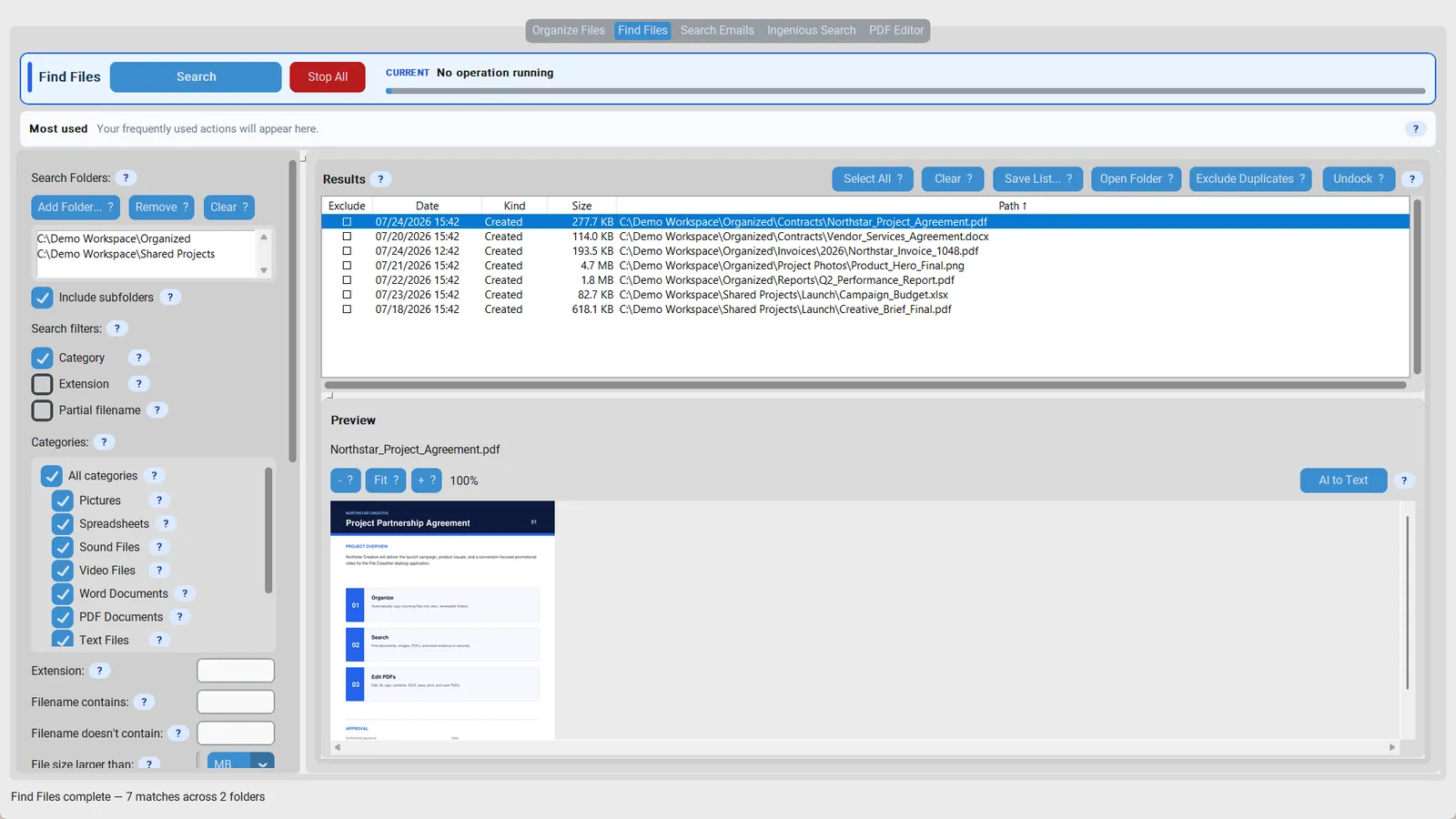Combined search results across filename, content, and date filters
