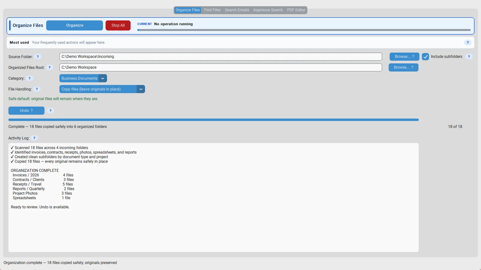 File Classifier finishing an organisation run over a folder of documents