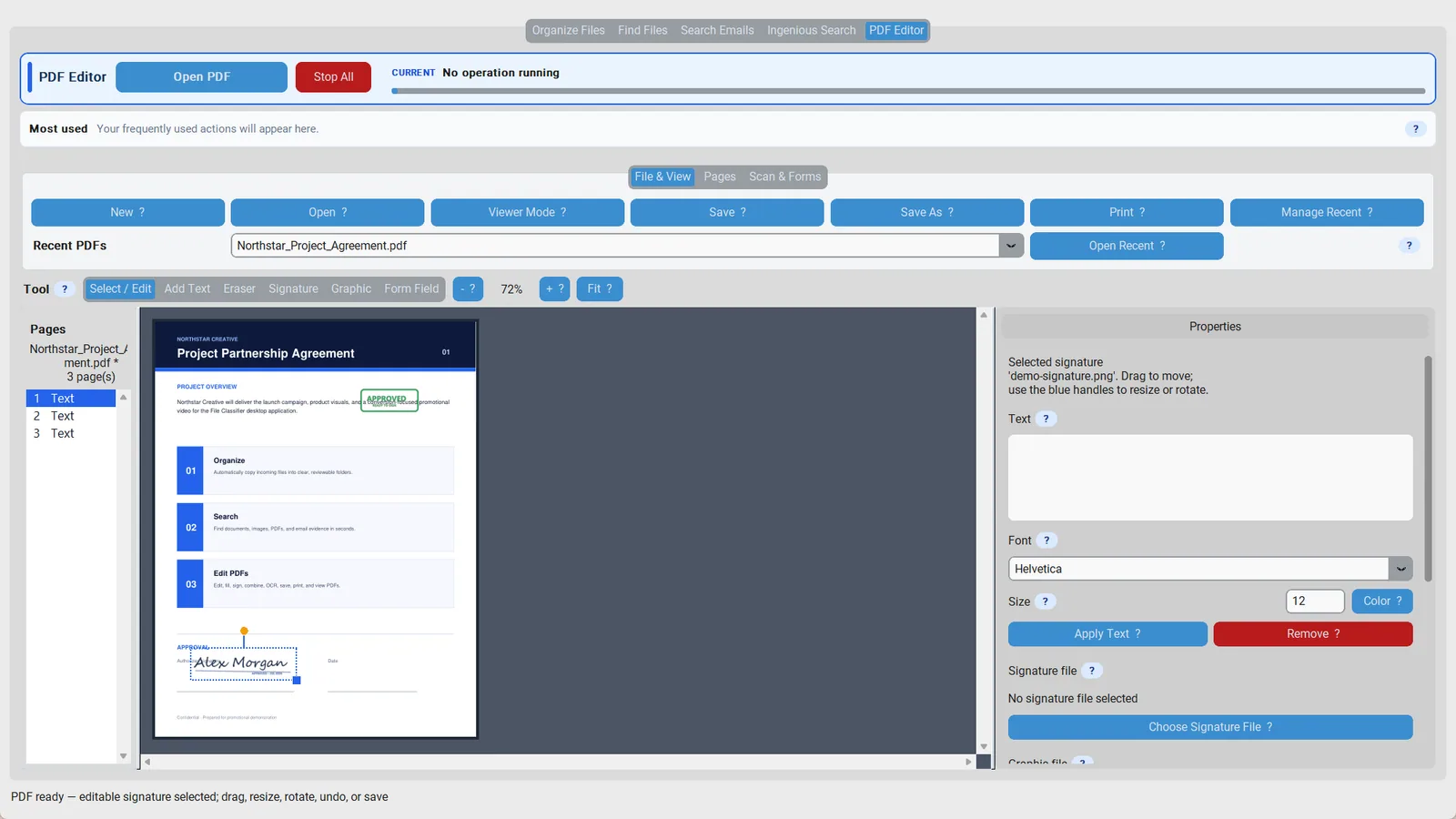 Signing a PDF inside the File Classifier PDF workspace