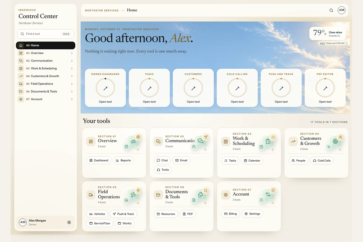 Ingenious Control Center with the updated weather Home screen and illustrated tool groups