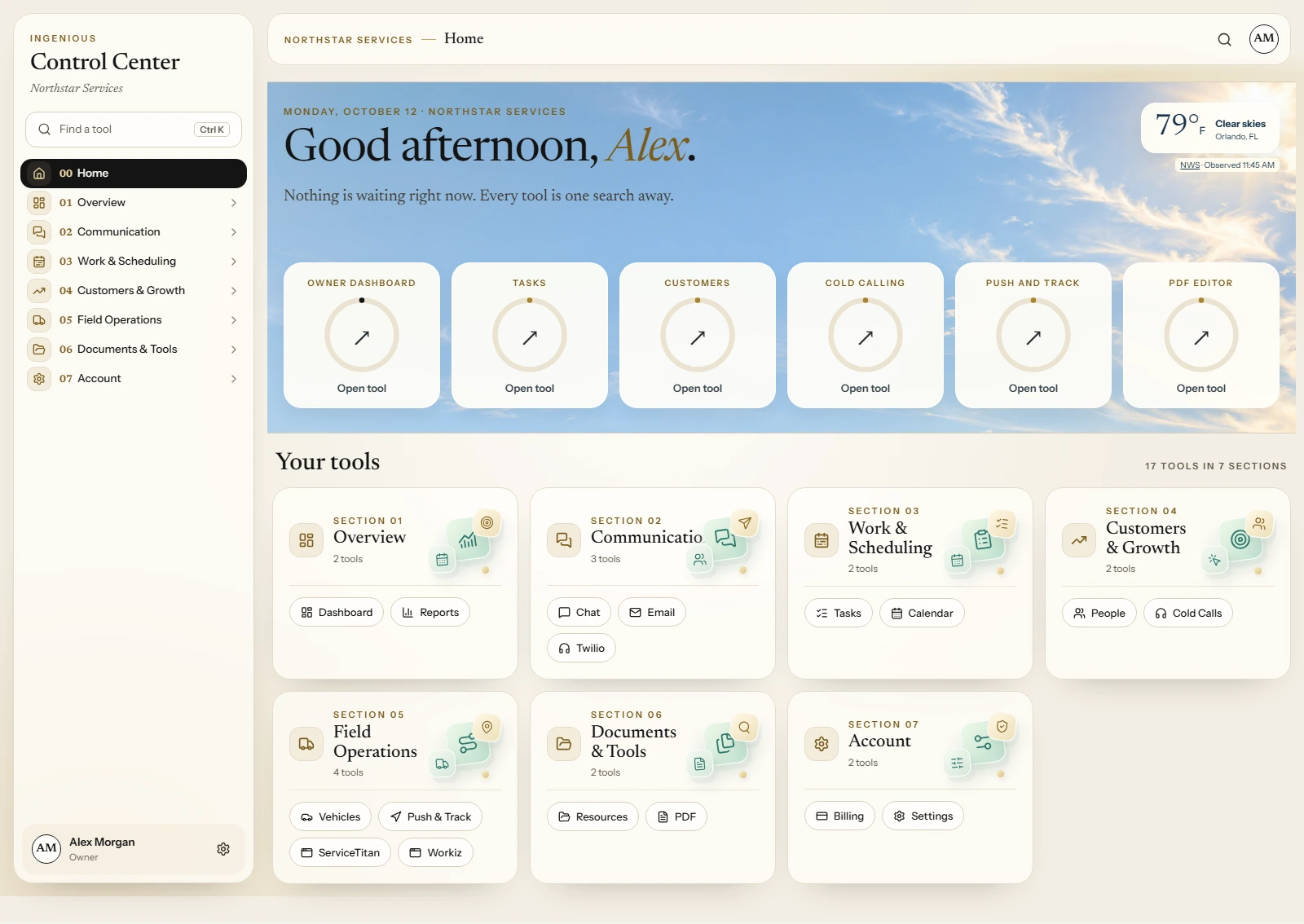 Current Aurora Atlas home with a weather backdrop, six selected Home tools and illustrated workspace sections, using fictional Northstar Services data