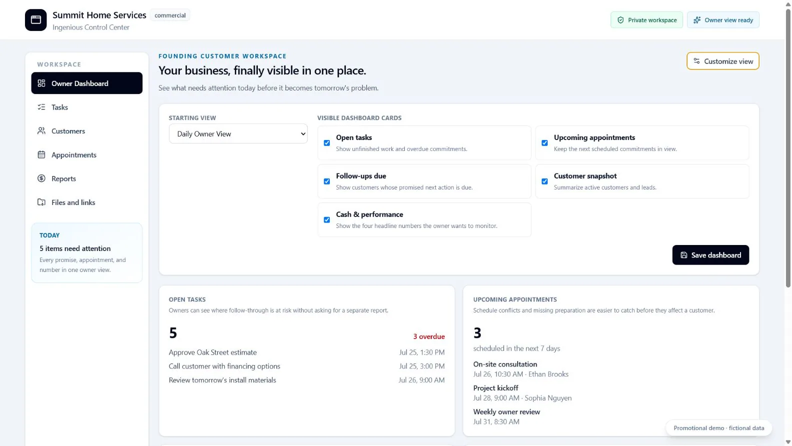 Customising which panels appear on the owner dashboard