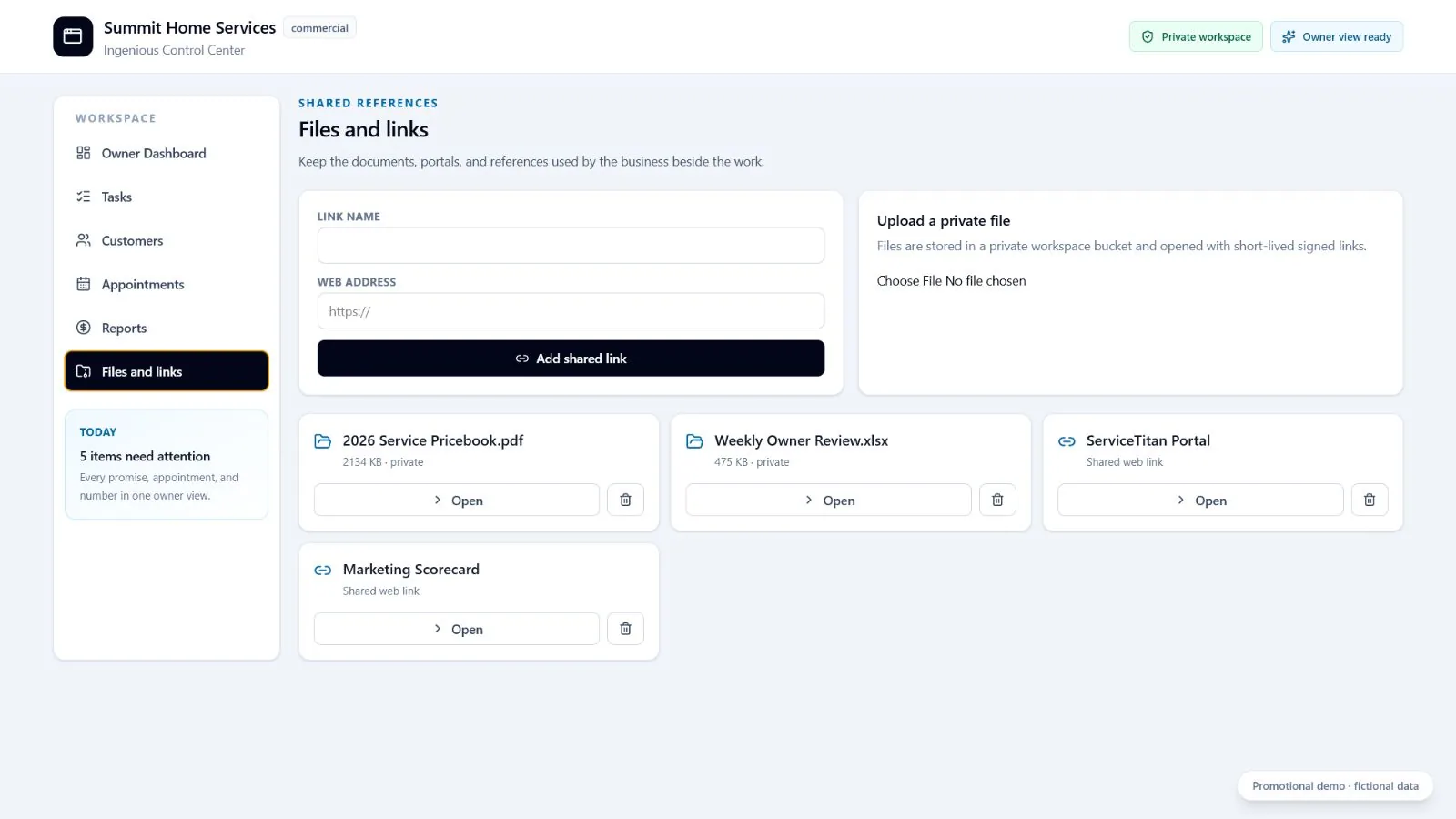Private files and links attached to a customer record