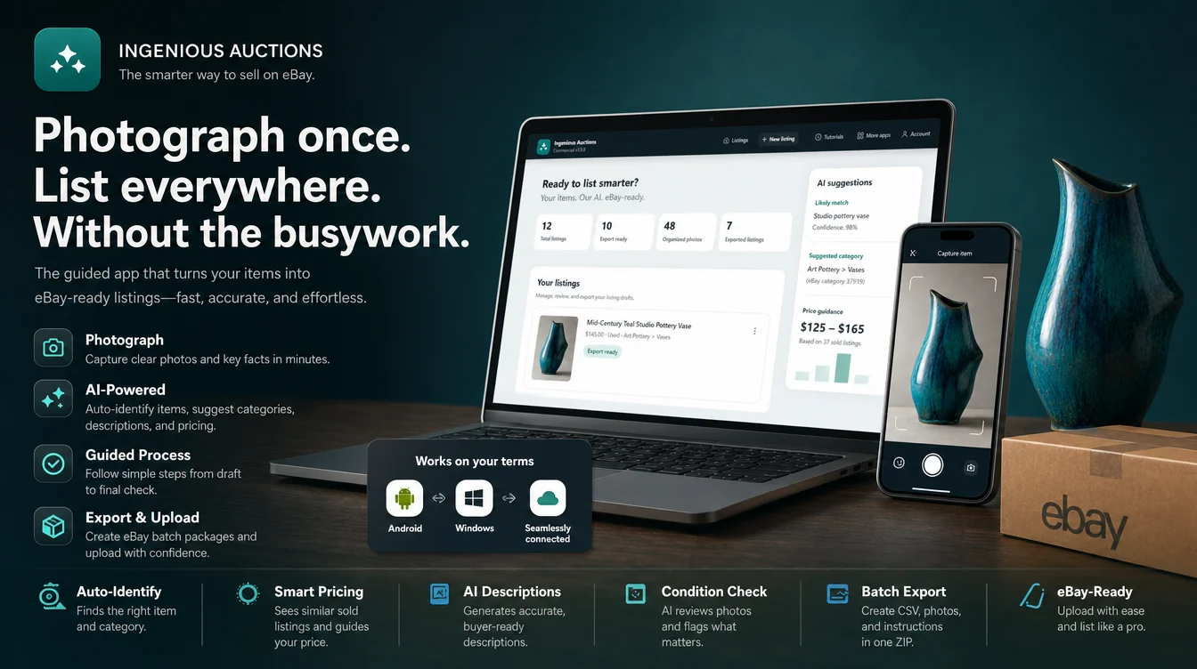 Ingenious Auctions preparing an antique vase listing across an Android phone and Windows desktop