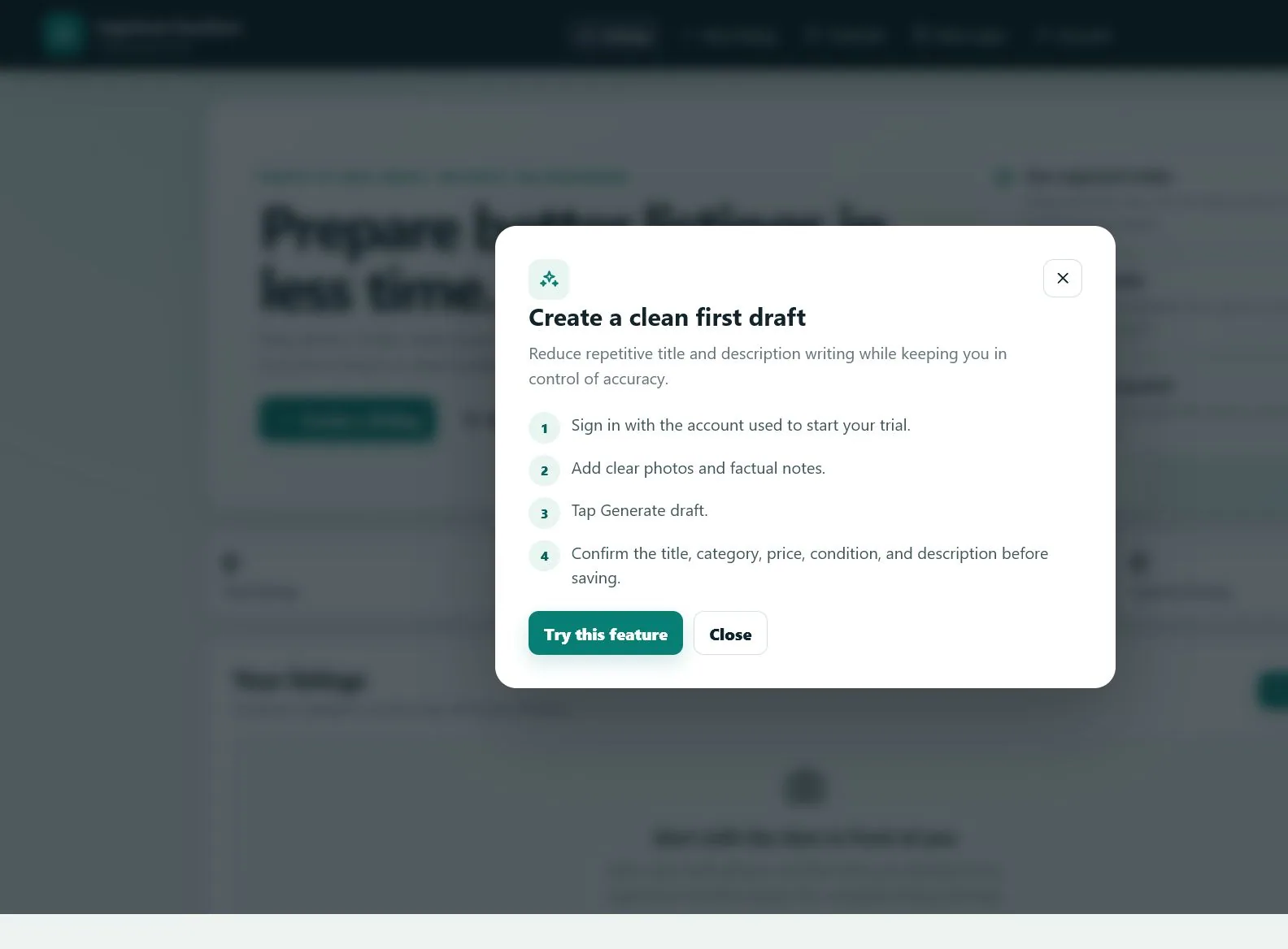 An AI-drafted listing title and description ready for editing