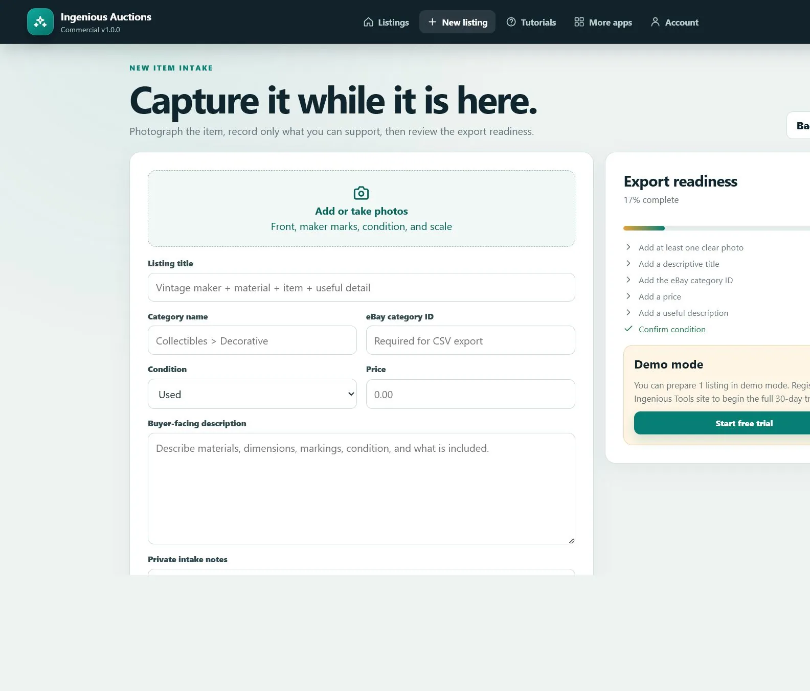Creating a new listing and capturing item photos
