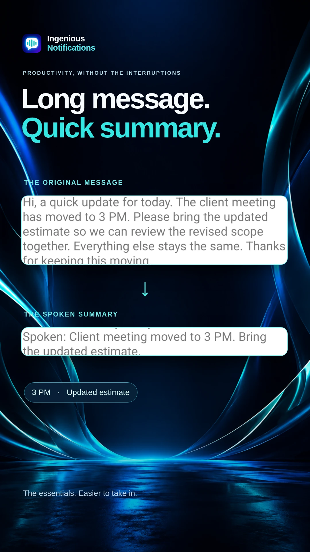 Original meeting message and a summary preserving 3 PM and the updated estimate