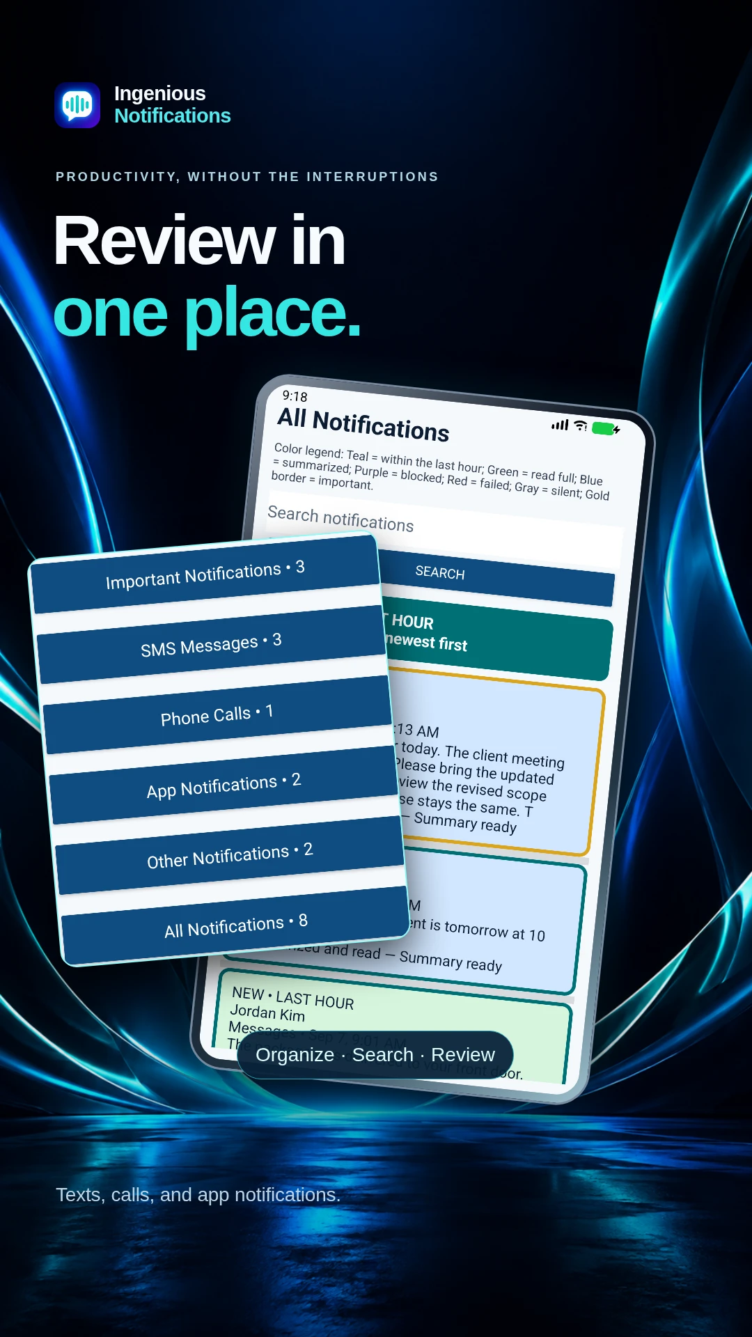 All Notifications history with Important, SMS, Calls, Apps, Other, and All categories