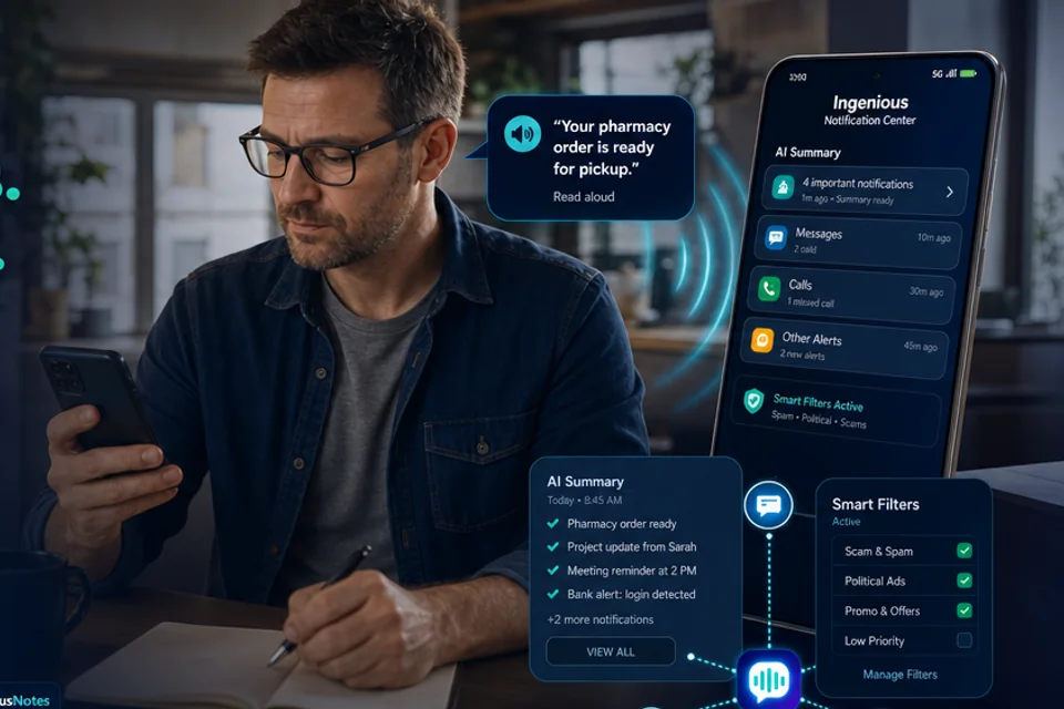 A person reviewing notifications beside the Ingenious Notifications dashboard