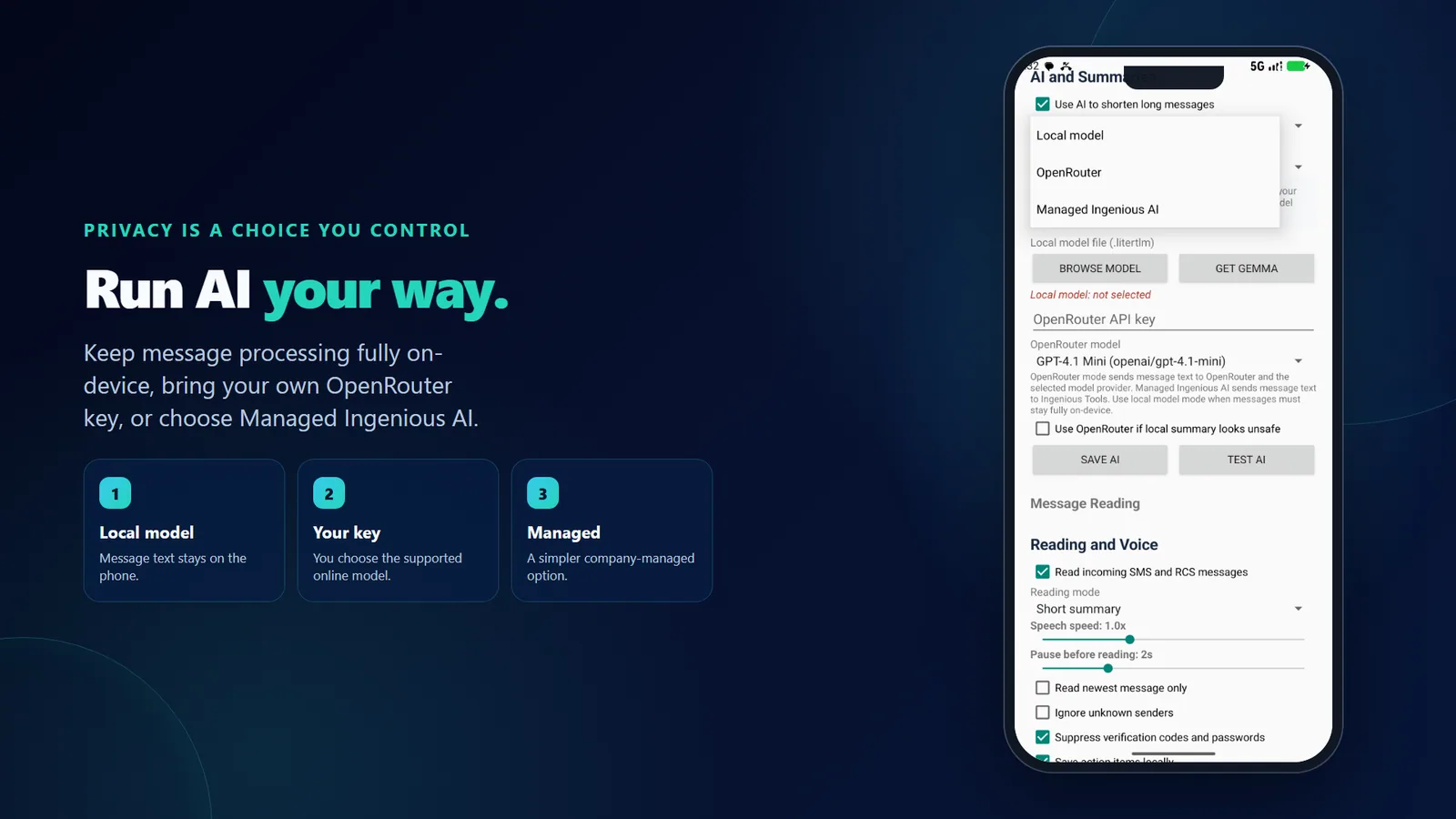 Choosing between the offline local model, OpenRouter, and Managed AI
