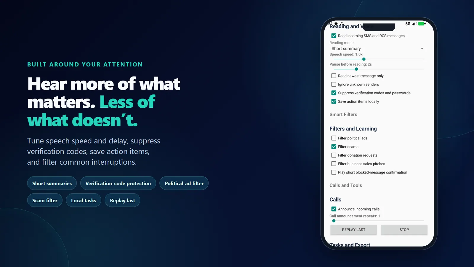 Contact and keyword filters controlling which messages are read aloud