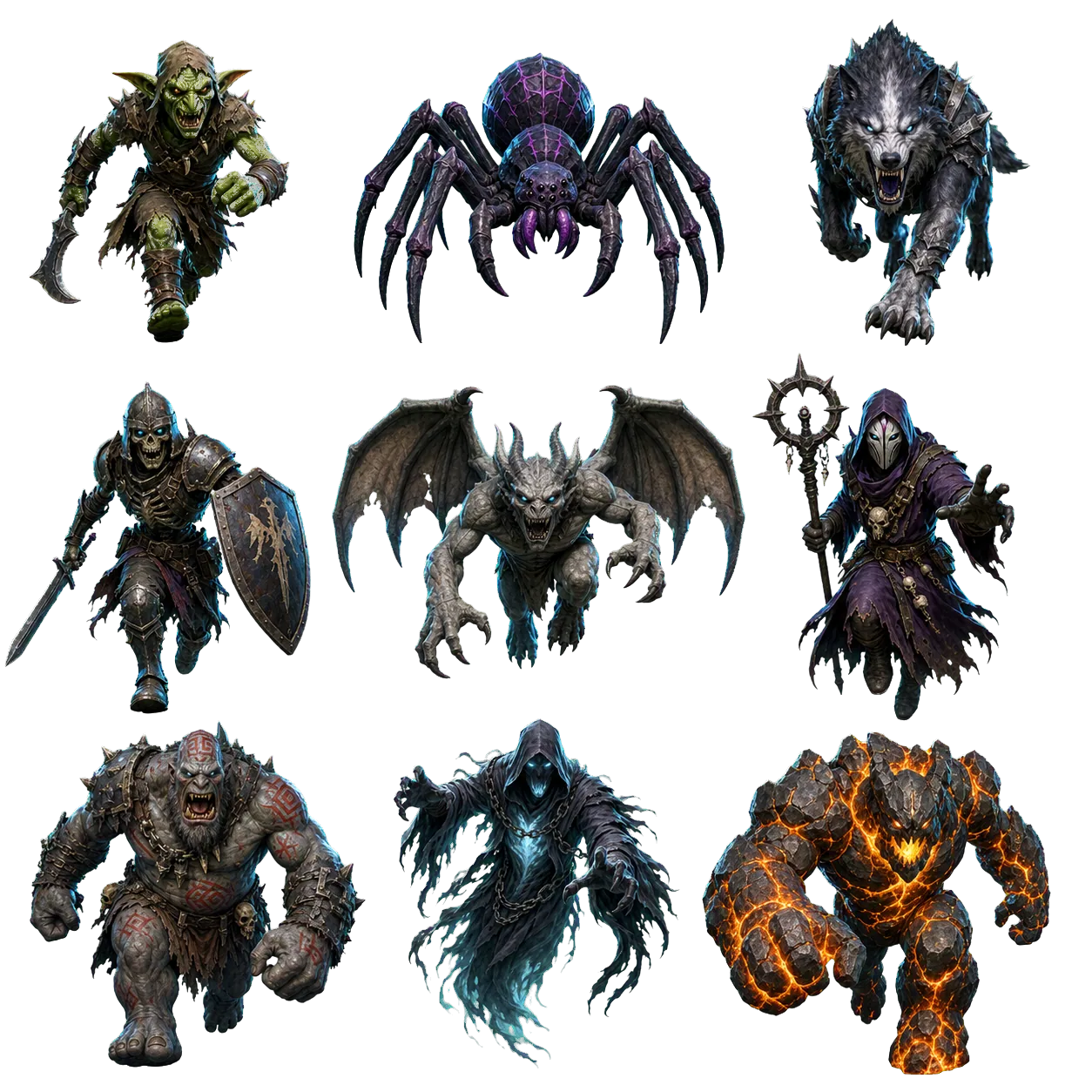 A sheet of Wizero Battle enemies including goblins, wolves, skeletons, wraiths, and a magma golem