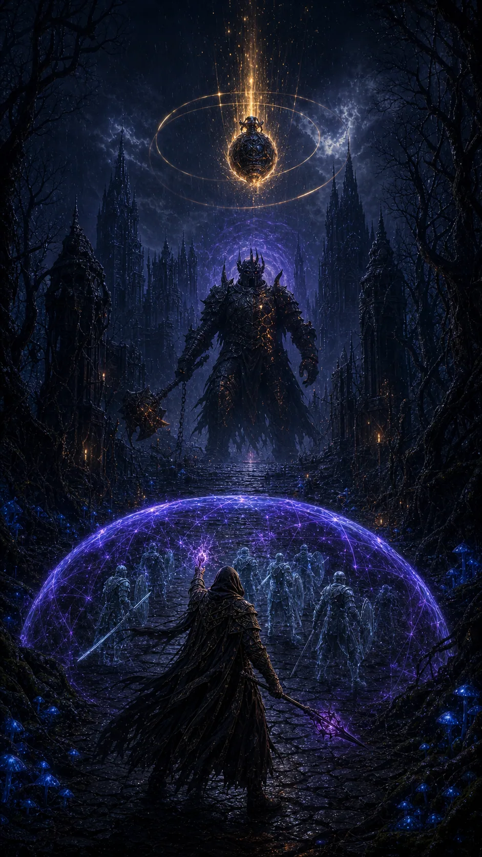 A towering corridor boss rising over a broken road
