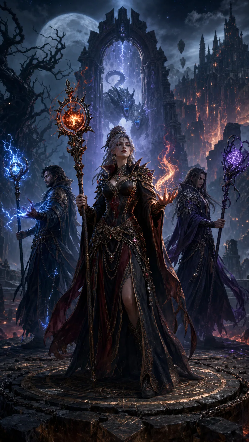 Three covenant casters standing on a rune circle before a ruined gate
