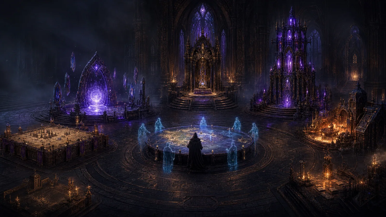 The Sanctuary interior, a cathedral of purple fire and standing seals