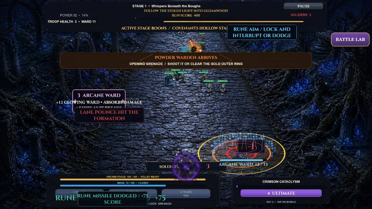An annotated Wizero Battle screen showing wards, rune locks, grenades, and the ultimate charge