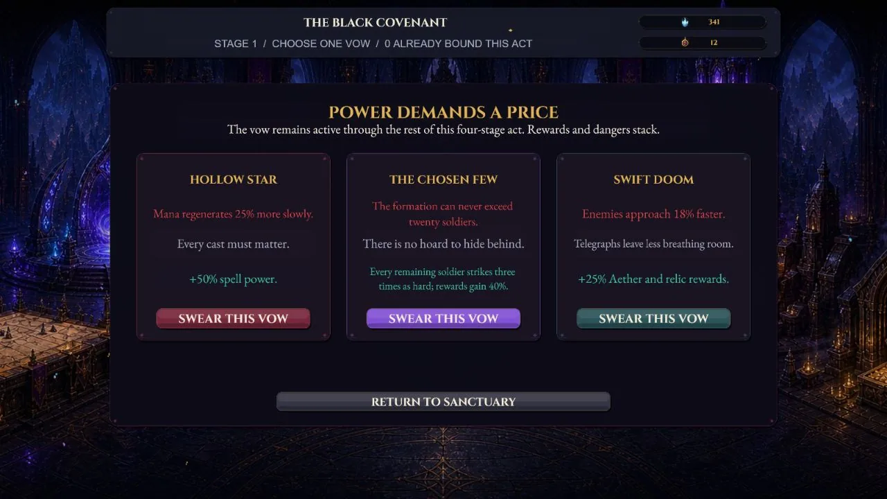 The Black Covenant offering the Hollow Star, Chosen Few, and Swift Doom vows