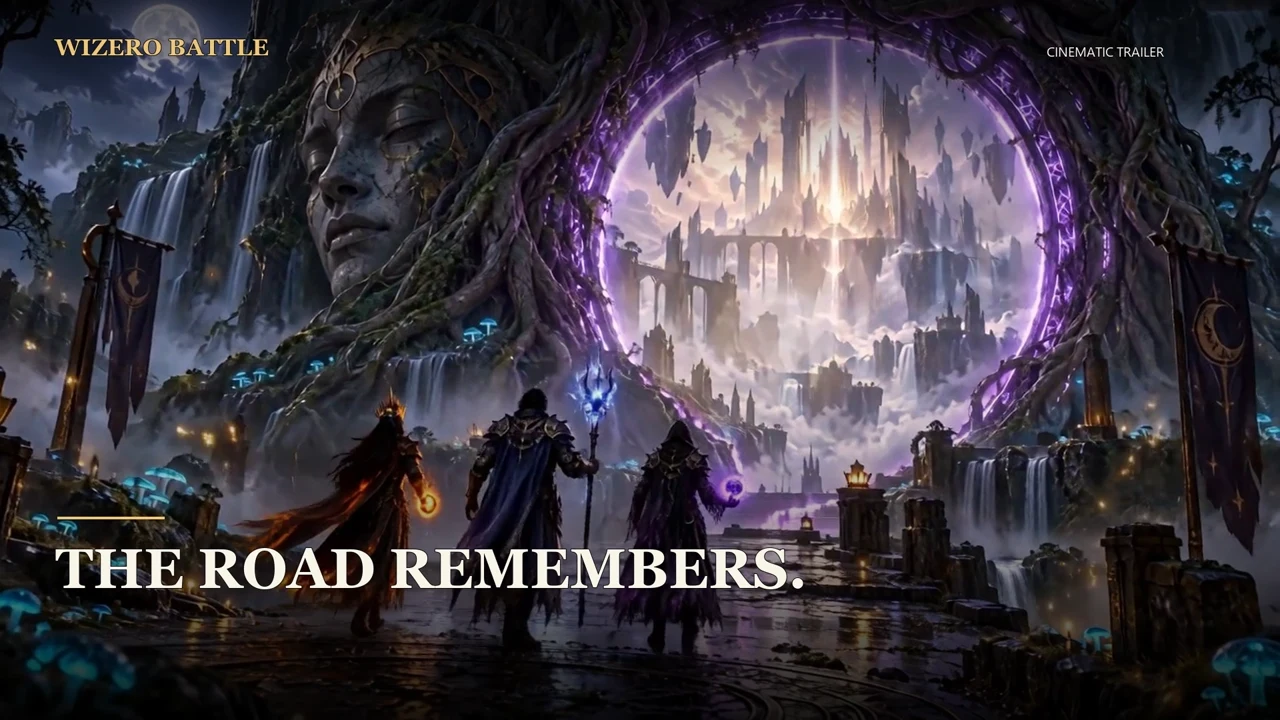 Three wardens approach a radiant portal into a distant kingdom